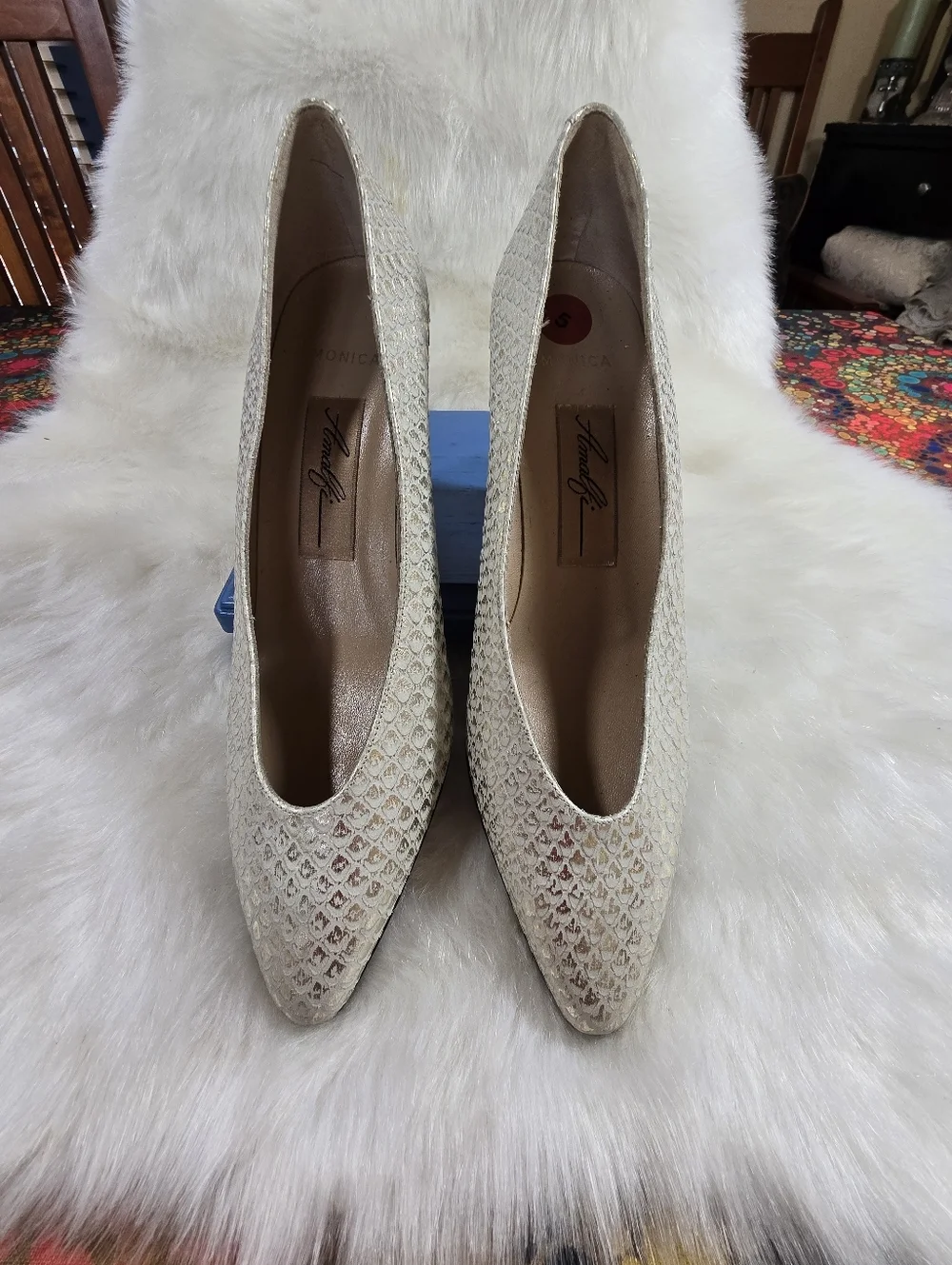 Amalfi Metallic Ivory Snakeskin Print Pointed Toe Pumps - Womens
